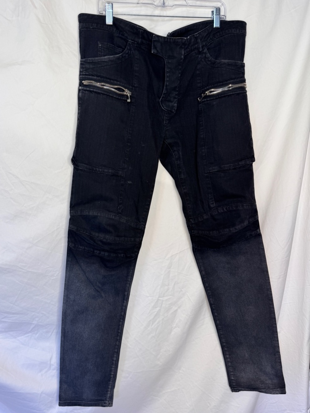 Balmain Men’s Black Ribbed-Panel Logo Biker Denim Jeans with Silver Zippers